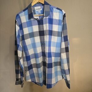 Express Men's Casual Blue and White Checkered Shirt XL Slim